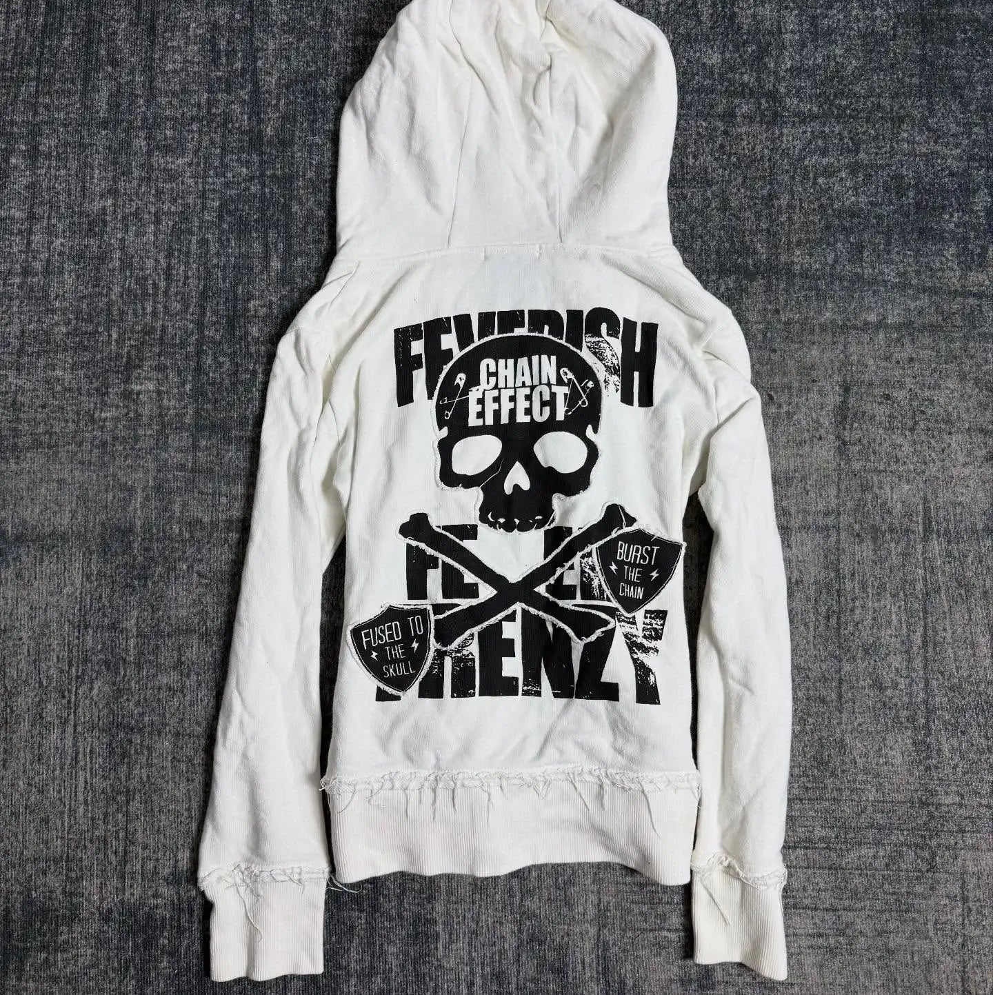 Retro Dark Style Zipper Hoodie Y2K Clothess Hip Hop Skull Patch Embroidery White Oversized Sweatshirt