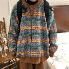 Ethnic Style Knitted Sweater Vintage Round Neck Loose Fit Olded Feeling Pullover Sweater