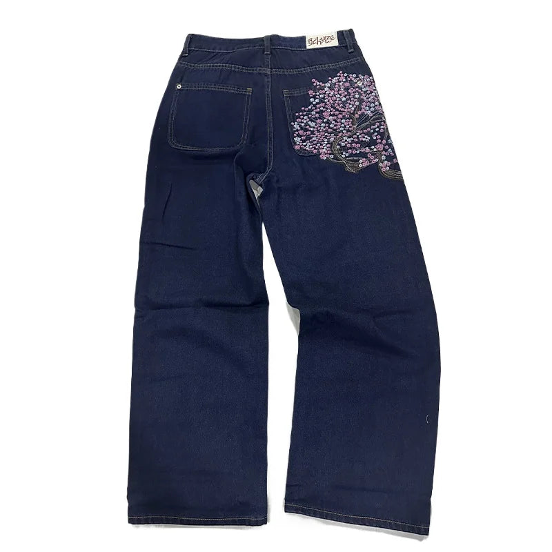 Harajuku Hip Hop baggy jeans Y2K goth plum blossom Embroidered jeans man American style street wear