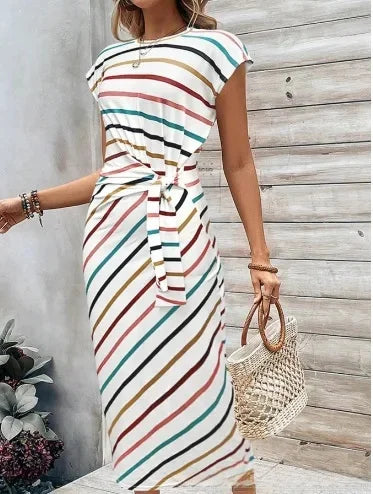 Elegant Waist Tie Striped Round Neck Short Sleeves Long Dress High-End Feel Clothing Skirt