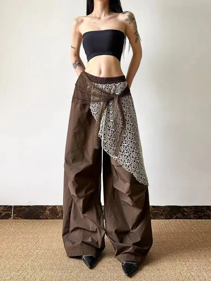 Korean retro streetwear wide leg pants Personality design lace decorated Y2k pants Harajuku oversized sweatpants