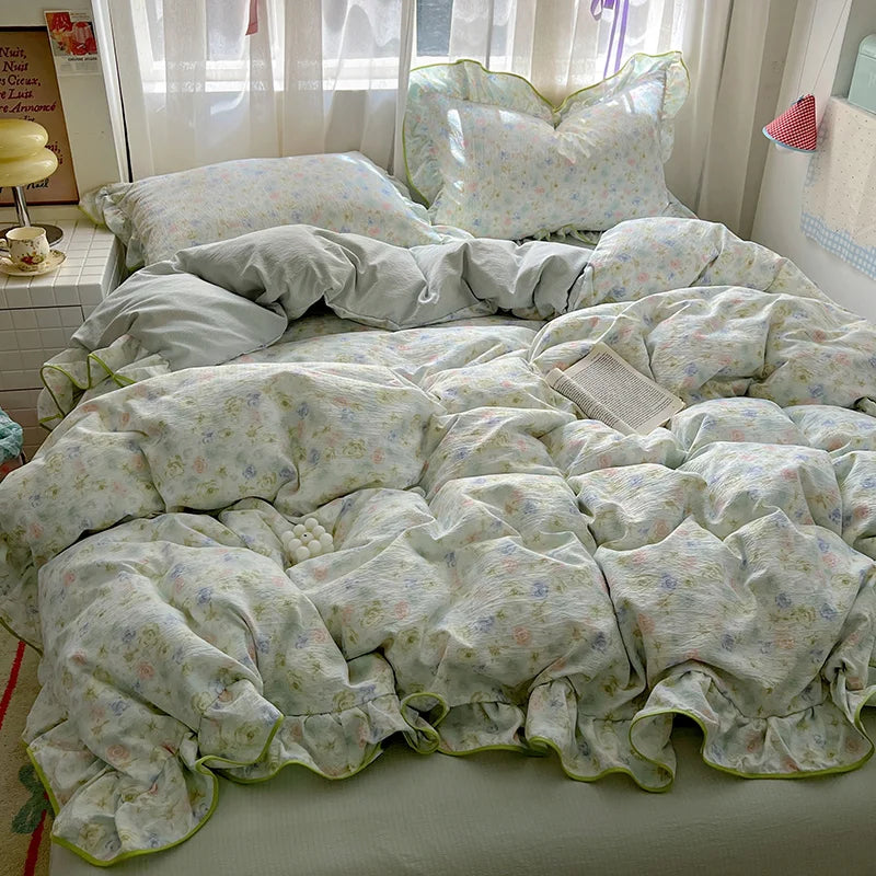 Ruffles Bedding Set Floral Style Duvet Cover Pillowcase with Bedsheet Skin-friendly Bed Linen Set Girls Room Bedclothes 이불세트