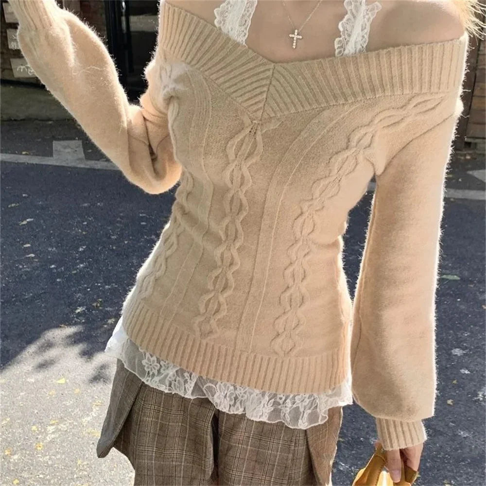 Vintage V-neck Knitted Tops Early Sweaters Pullover Slim Long Sleeve Pullovers Gray Sweaters