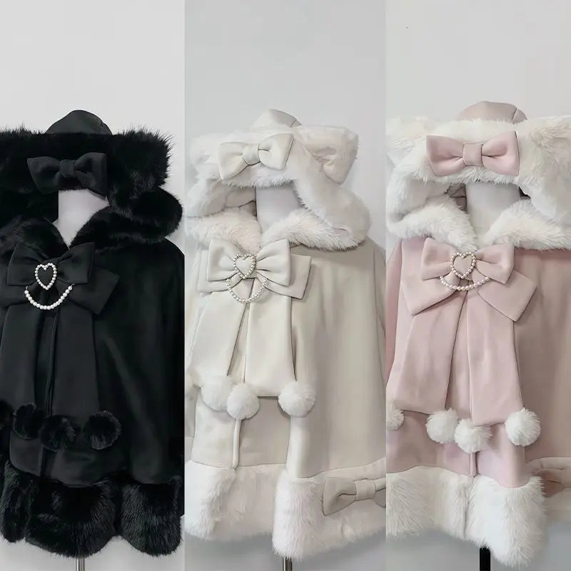 Lolita Shawl Overcoat Design Bow Hooded Patchwork Kawaii Cope Coat Warm Chic Sweet Christmas Coat