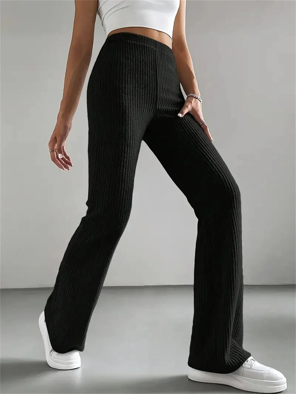Ribbed Knitted Flare Pant Fashon Slim Solid High Waist Trousers Casual Street Vintage Chic Pants