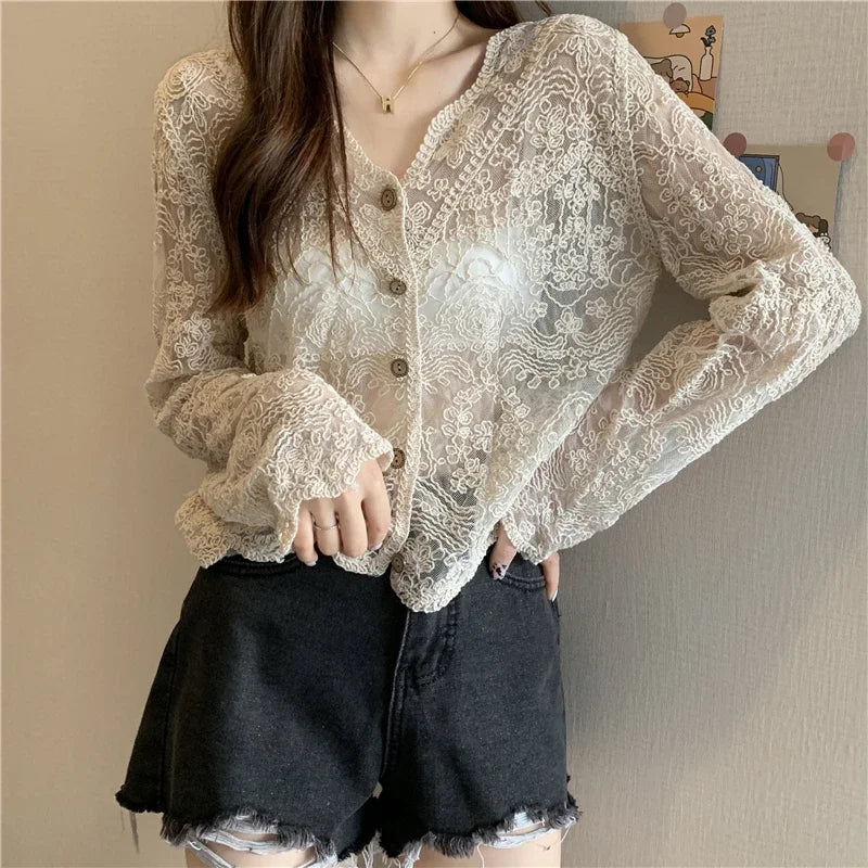 Vintage Lace Blouses See Through Sheer Long Sleeve Sun Shirts Korean Style Casual Sun Protection Ladies Tops