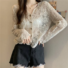 Vintage Lace Blouses See Through Sheer Long Sleeve Sun Shirts Korean Style Casual Sun Protection Ladies Tops
