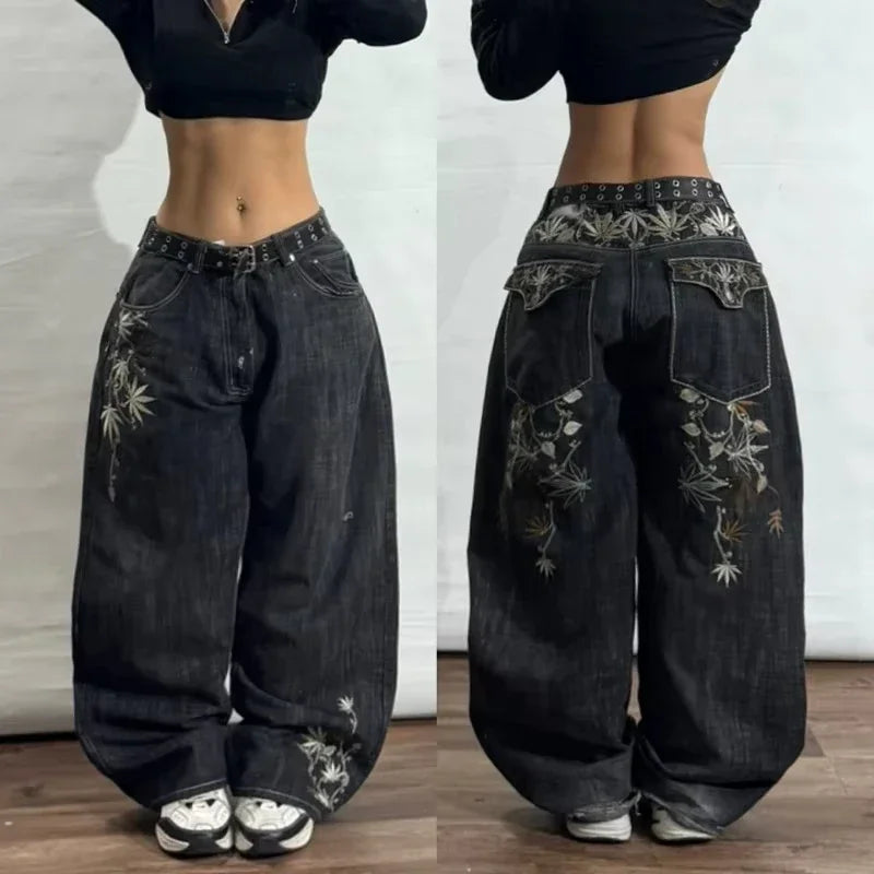 American Oversize Pattern Embroidered Baggy Jeans Y2K Gothic Harajuku Hip Hop Straight High Waist Wide Leg Pants
