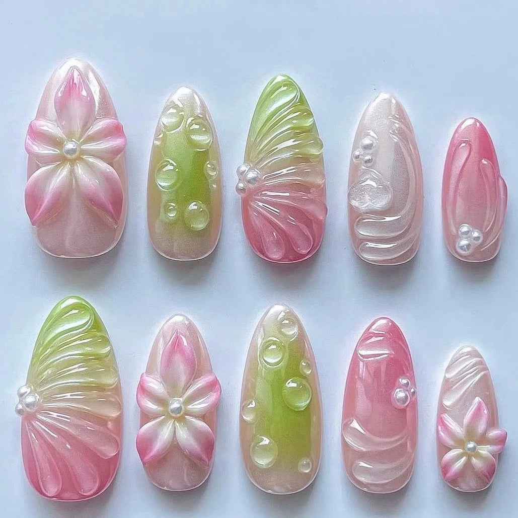 24pcs Wearable False Nail Strawberry Bow Design Nails Tips Red Short Almond Pearl Starlight Fake Nail Art Flower Press on Nails