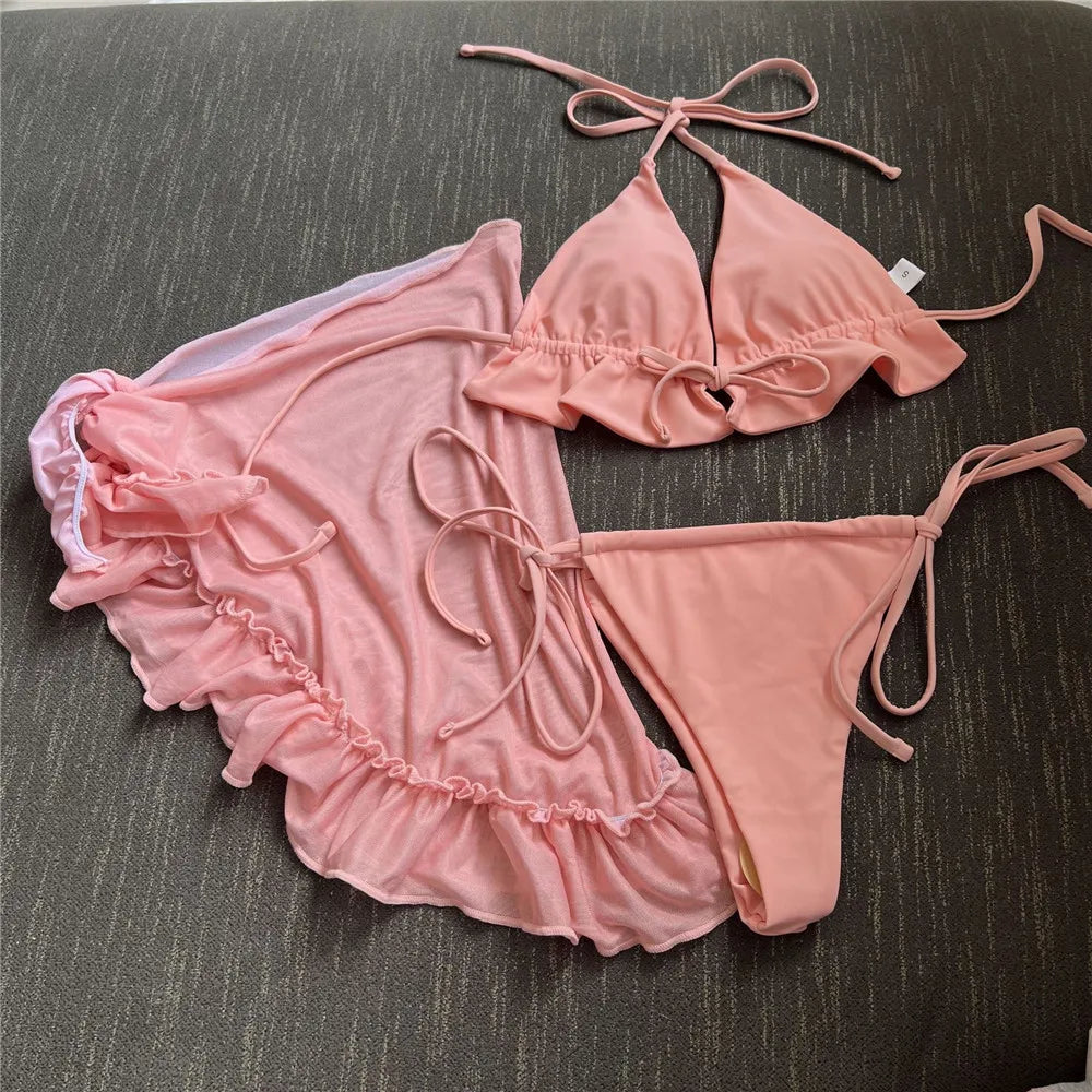 White Mesh Cover Up Swimwear String Halter 3 Piece Bikini Set Micro Thong Swimsuit Beachwear Ruffled Triangle Bikinis Mujer