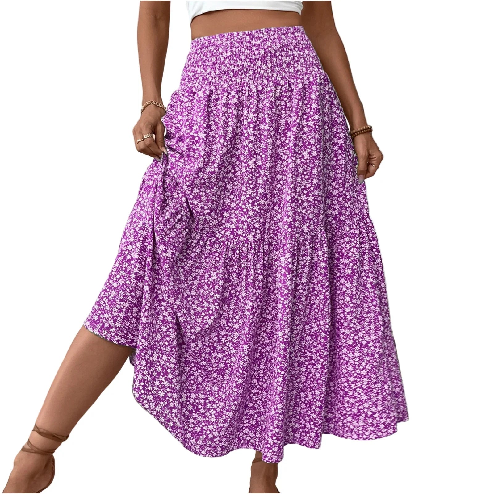 Pleated Floral Print Elastic Waist Loose Splicing A Line Skirt Skirts
