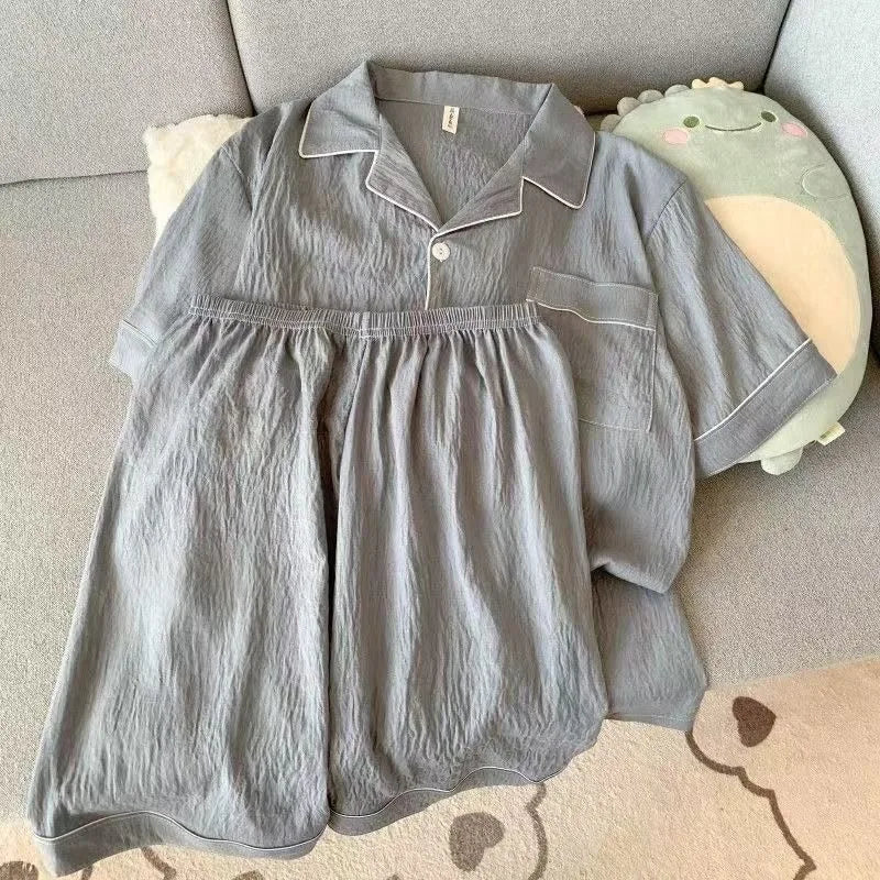 Luxury Pajama Set Solid Color Short Sleeve Lapel Top