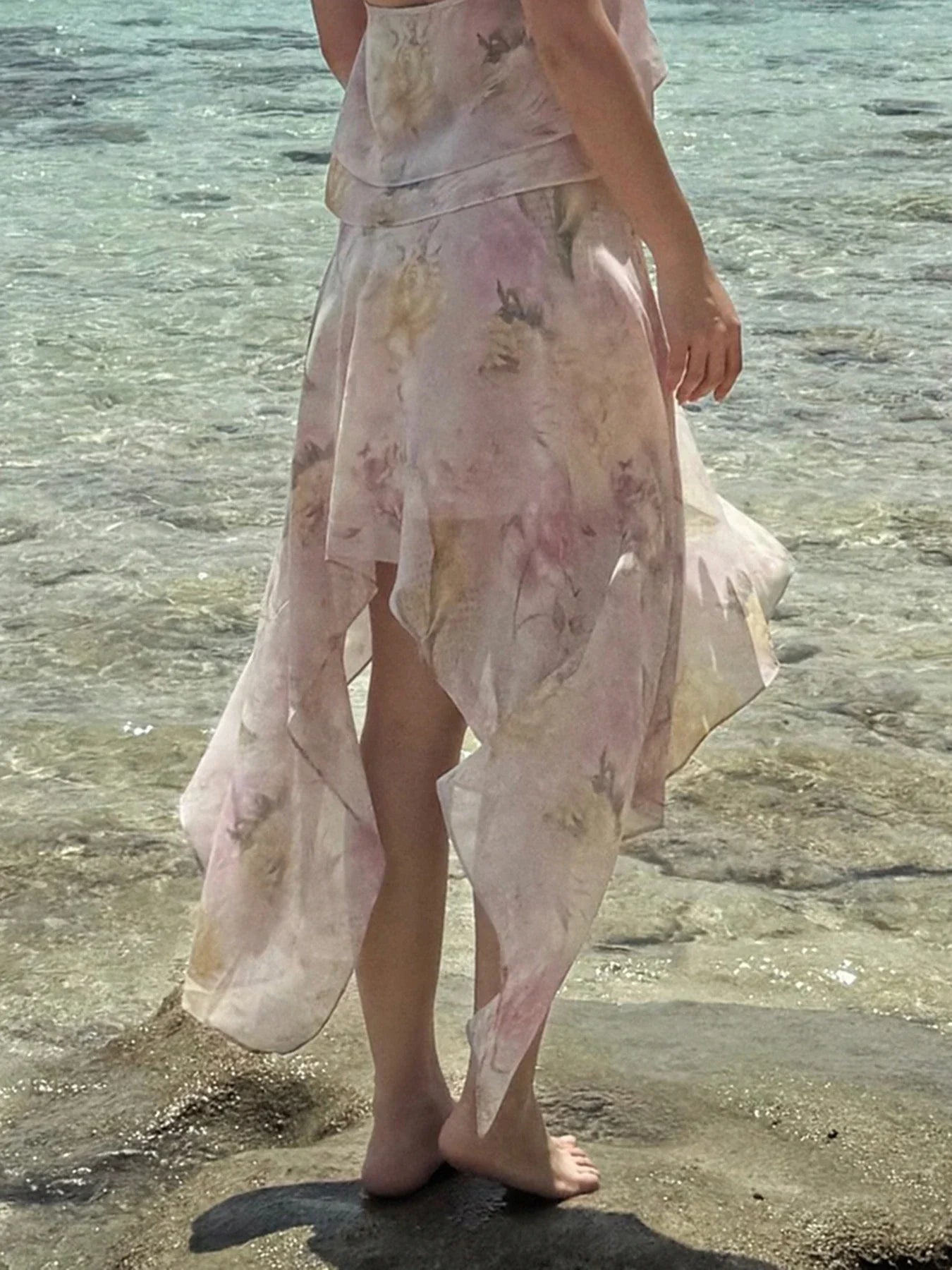 Rockmore Bohemian Floral Printed Mesh Skirt with Asymmetrical Ruffled Hem Romantic Elegant Beach Vacation Skirts