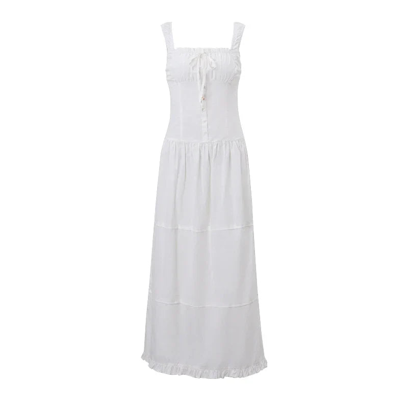 CandyElegant Square-neck White Maxi Dress Casual Slim Lace Up Sleeveless Dreses French Party Beachwear Vestidos