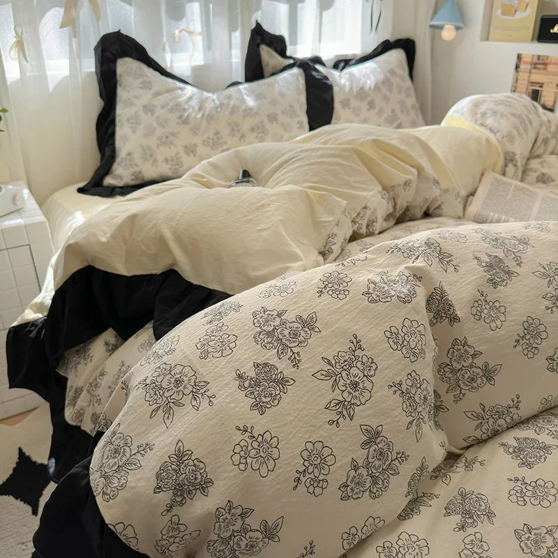 1.5/1.8 Korean Style 100% Cotton Fitted Sheet Sets with Lace Flower Print Bedding Set