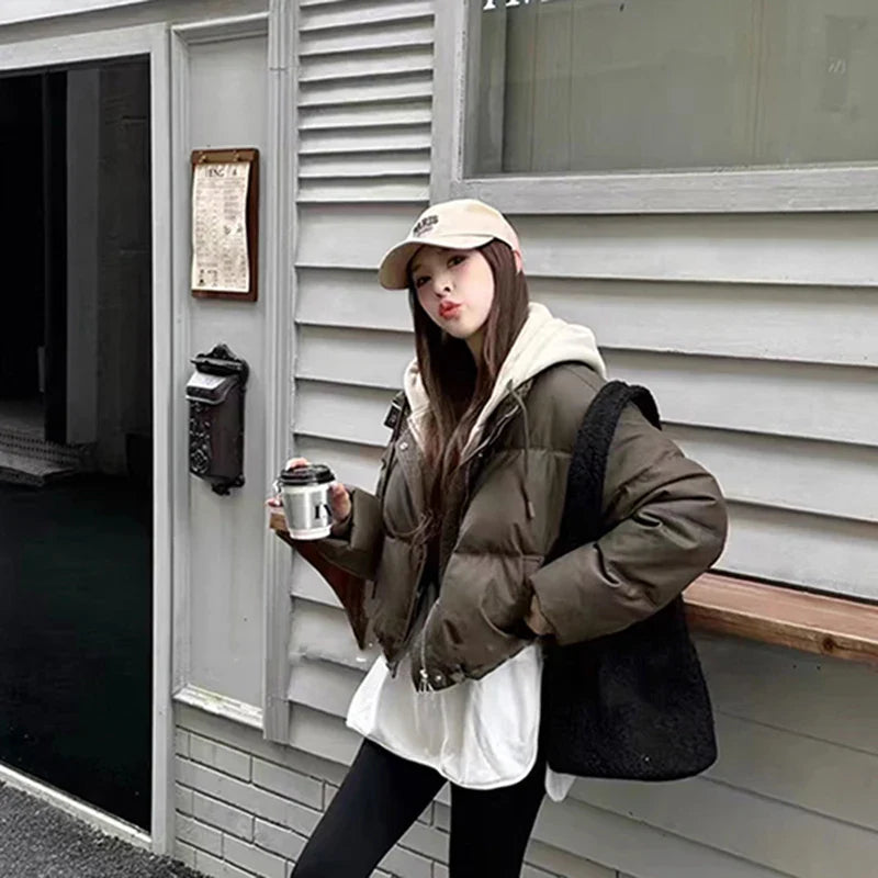 Hooded Short Parkas Black Patchwork Puffer Jacket Streetwear Down Coats Korean Cotton Padded Outerwears New