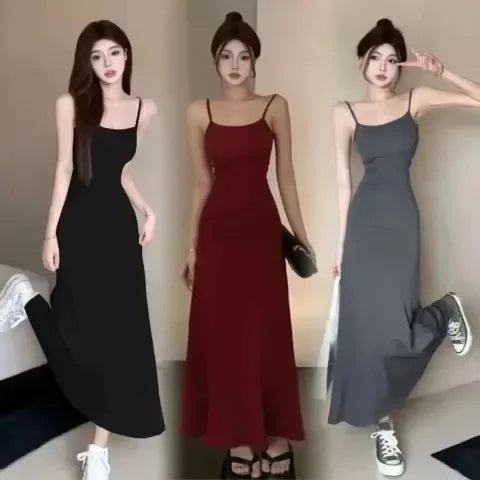 Elastic Tank Dress Sleeveless Off-The-Shoulder Waist-Fitted Slimming Long Dress Off-Shoulder Base Layer