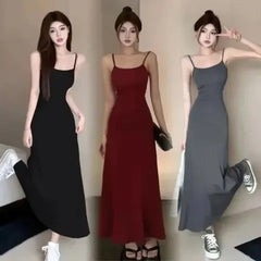 Elastic Tank Dress Sleeveless Off-The-Shoulder Waist-Fitted Slimming Long Dress Off-Shoulder Base Layer