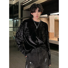 vintage velvet long sleeve t shirt Crew neck hip hop casual tees tops man harajuku velour streetwear camisetas