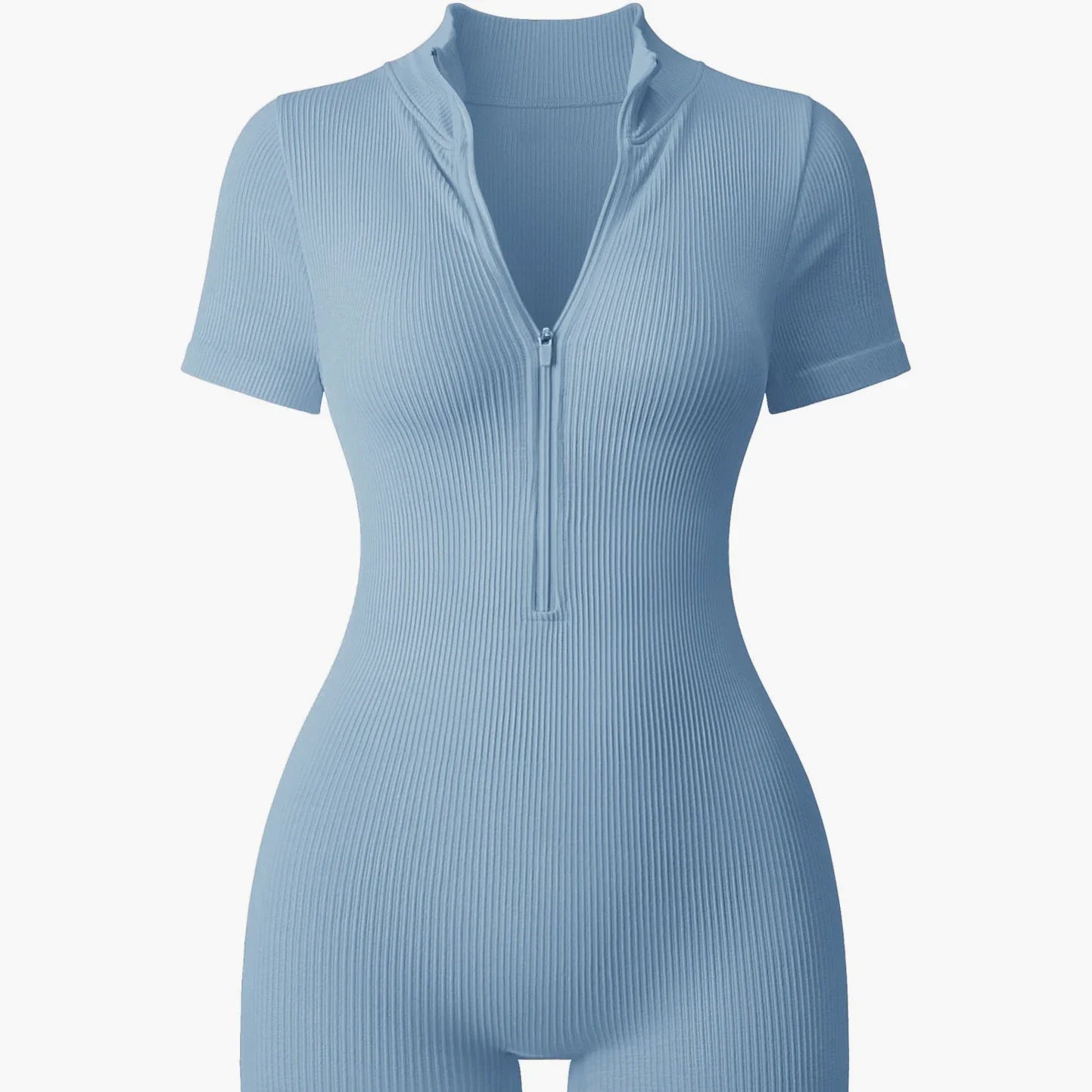 Textured Short Sleeve Zip Front Athletic Yoga Bodysuit Bodybuilding Slimming One Piece Hip Lifting