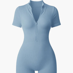 Textured Short Sleeve Zip Front Athletic Yoga Bodysuit Bodybuilding Slimming One Piece Hip Lifting