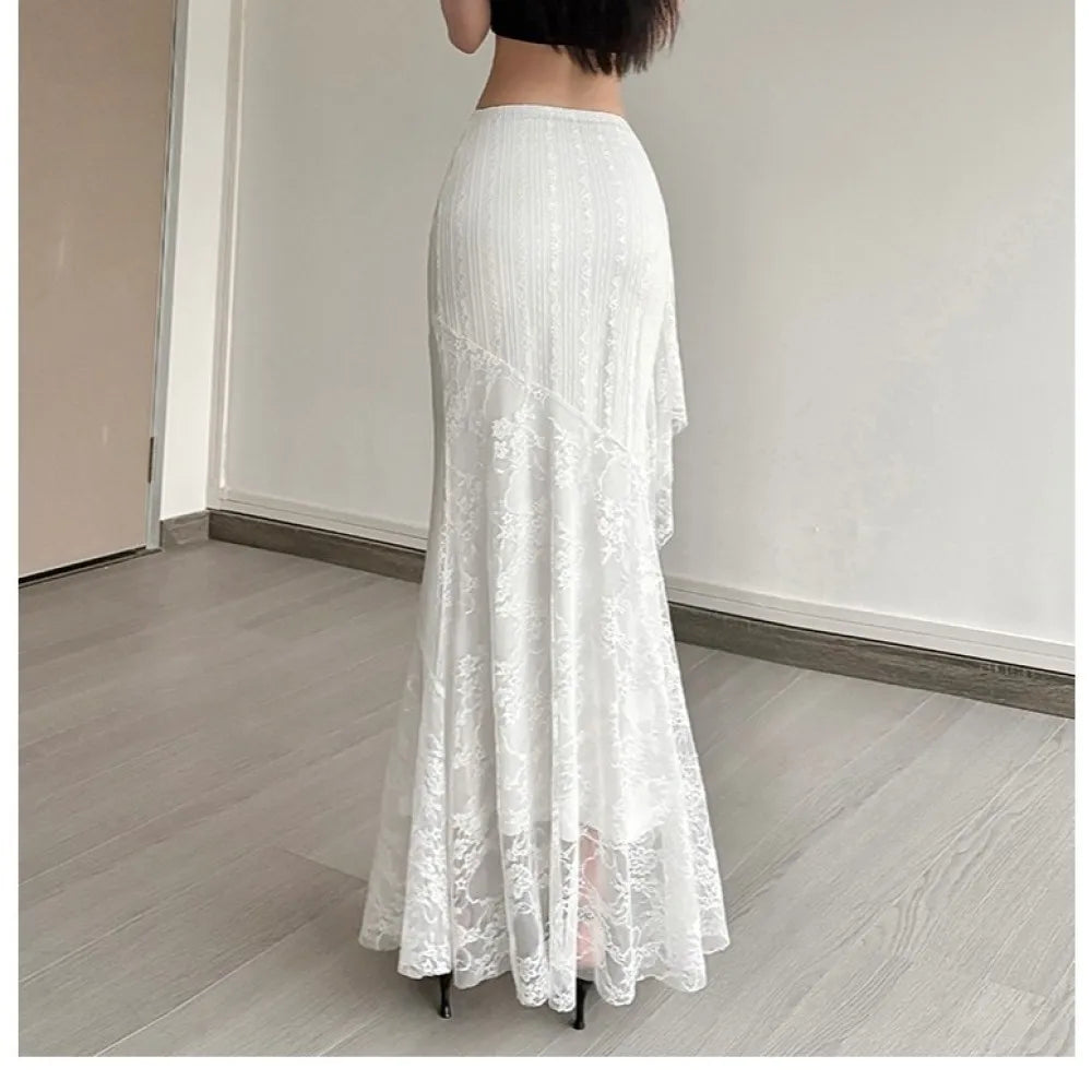 SylCue Lace Patchwork Skirts High Waist Hip-Covering Irregular Casual Creamy Sweet Style Ruched Elegant Outfits