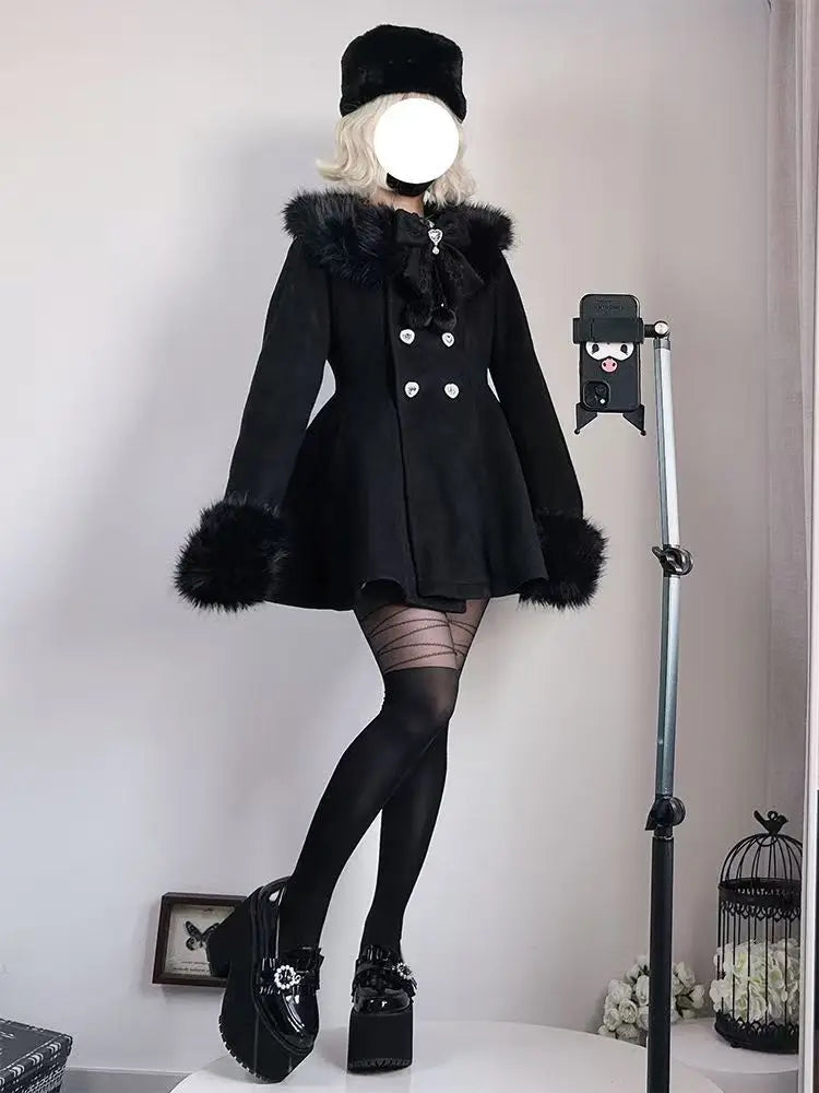 Japanese Slim Bow Long Sleeve Coat Elegant Fur Collar Lace Overcoat Design Chic Sweet Woolen Cloth Coat