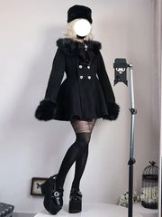 Japanese Slim Bow Long Sleeve Coat Elegant Fur Collar Lace Overcoat Design Chic Sweet Woolen Cloth Coat