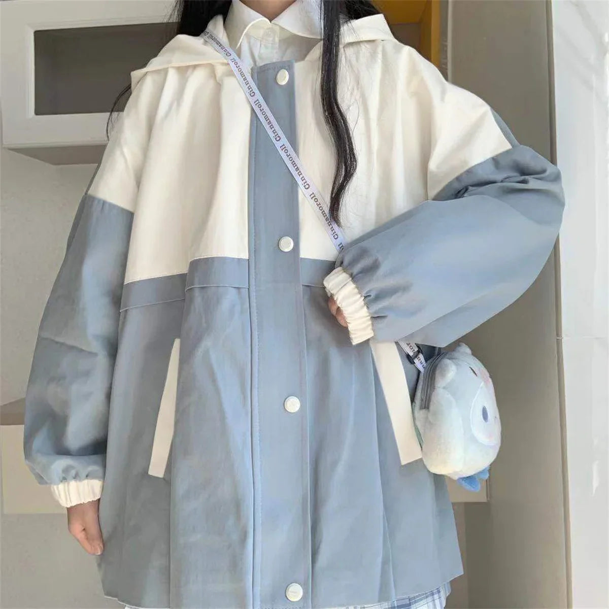 Cute Charm Outdoors Oversized Blue Series Hoodie Button Street Clothing Retro Simple Pullover Sweatshirt