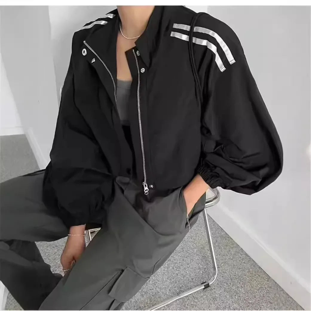 Loose Stand Collar Striped Design Two Bars Korean Chic Jacket Versatile Outerwear Full Sleeve Korean Style