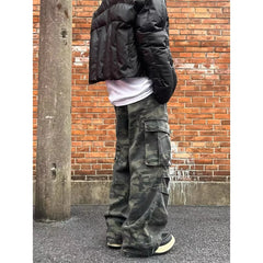 Retro Washed Camouflage Workwear Casual Pants Slim Fit Straight Leg Micro Flared Wide Leg Long Trousers