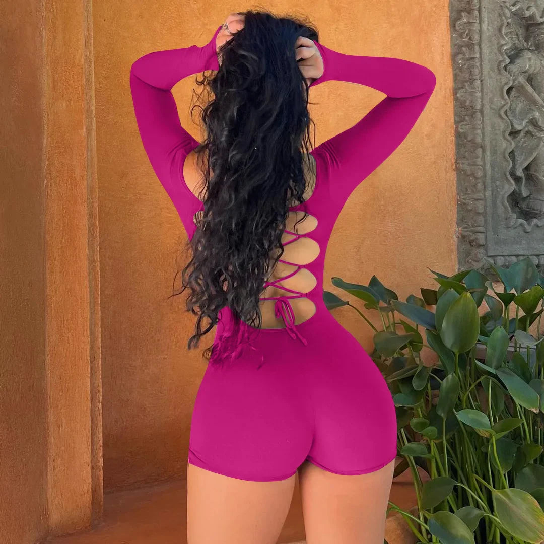 Hugcitar Long Sleeves Backless Solid Lace Up Slim Skinny Playsuit Fall Y2K Streetwear Party Club Rompe
