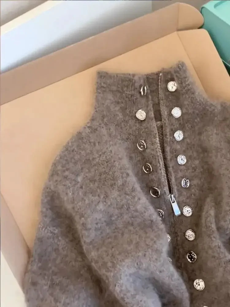 Luxury Fluffy Knitted Cardigan Sweater Design Double Breasted Sweater Coat High-end Lazy Zipper 2000s Y2k Knit Top