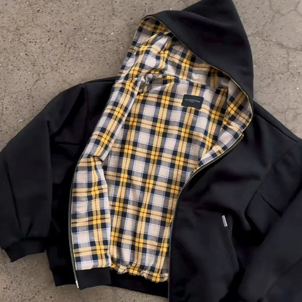 Korean Yellow Plaid Double-Sided Zipper Black Sweatshirt Hoodie
