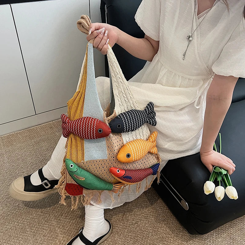 Cute Little Fish Relaxed Knitted Bag Commuter Versatile Shoulder Bag Contrasting Cut Out Tote Bag