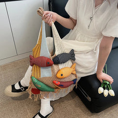 Cute Little Fish Relaxed Knitted Bag Commuter Versatile Shoulder Bag Contrasting Cut Out Tote Bag