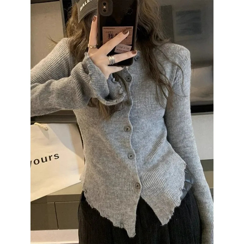 Deeptown Y2k Grey Vintage Kint Sweater Harajuku Long Sleeve Cardigan Irregular Korean Slim Jerseys Casual
