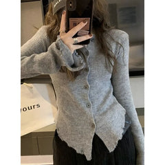 Deeptown Y2k Grey Vintage Kint Sweater Harajuku Long Sleeve Cardigan Irregular Korean Slim Jerseys Casual