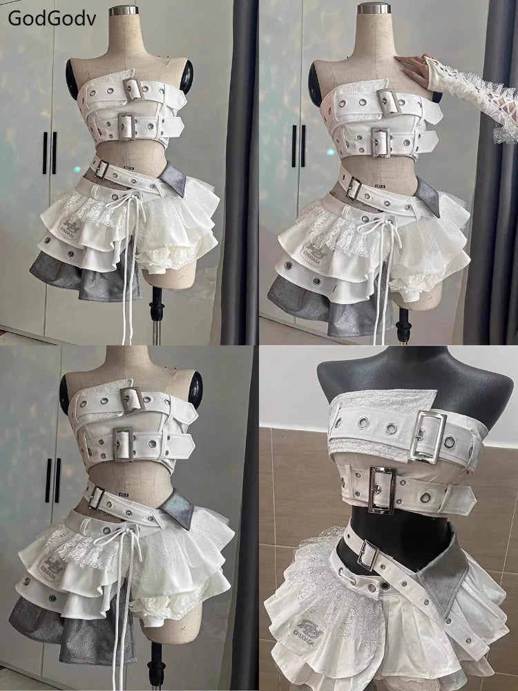 Vintage Elegant Y2K 2 Piece Sets Punk Gothic Strapless Crop Tops +High Waist Ruffle Skirt Party Outfits