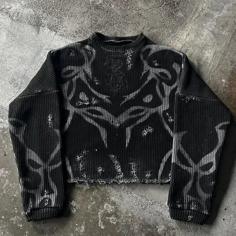Black Retro Long-Sleeved Punk Gothic Harajuku Knitted Sweatshirt