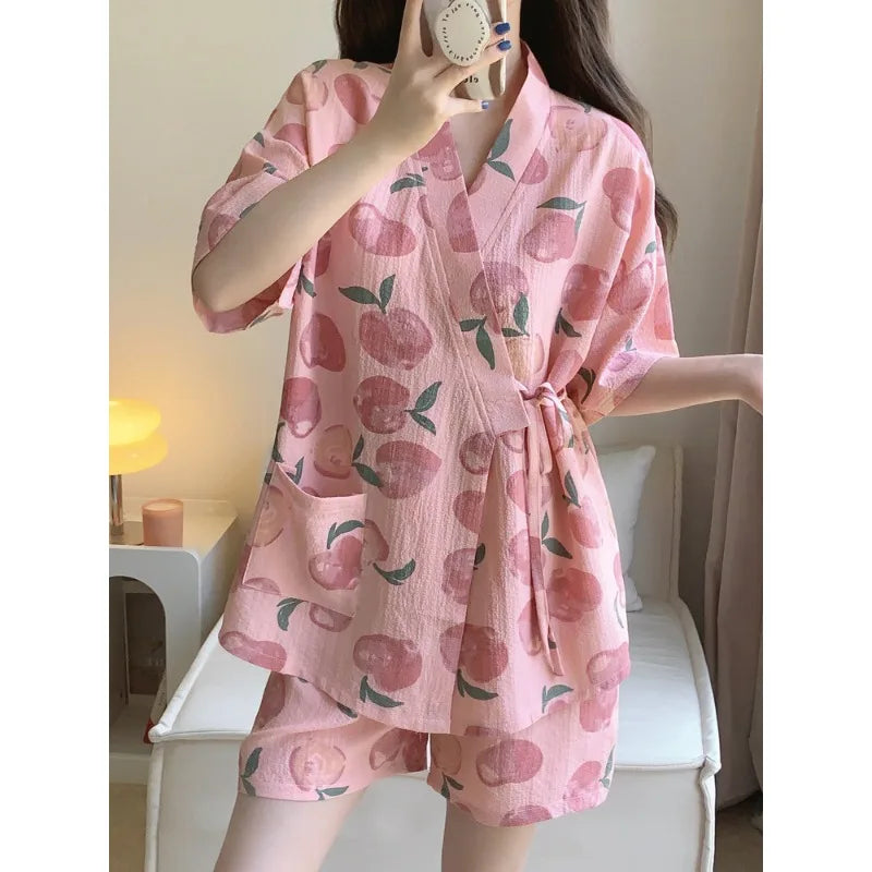 Nightwear Loungewear Kimono Pajamas Student Short Sleeves Shorts Peach Print Tops