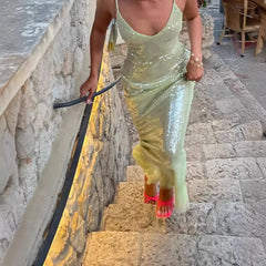 Backless Maxi Dress Dresses Cross Halter U Neck Slim Glitter Evening Robe Lady Beach Dresses