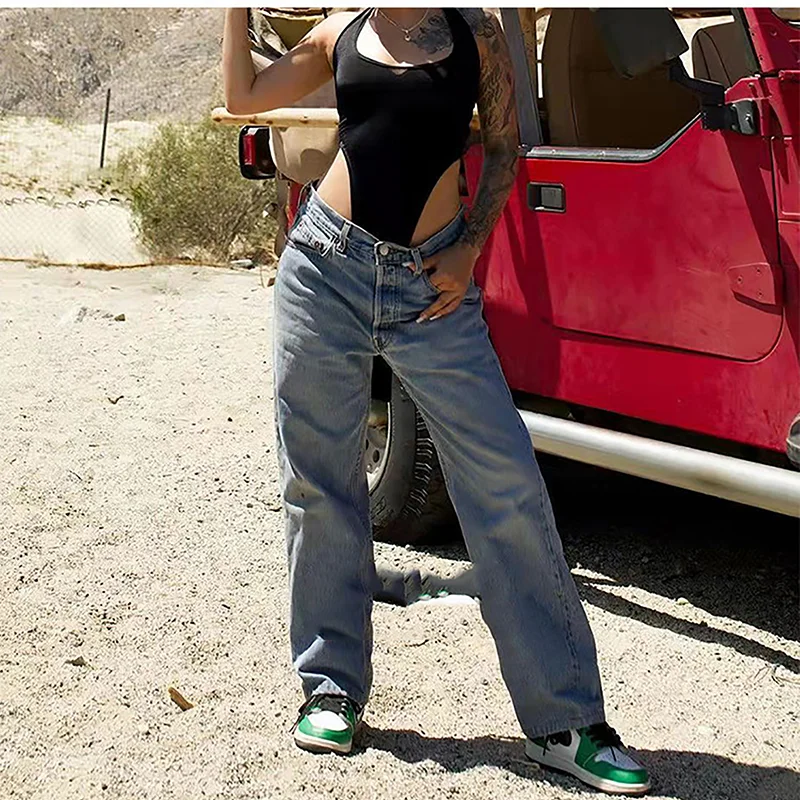 Wide Leg Baggy Jeans Lady Vintage Punk Low Rise Waist Loose Denim Pants Streetwear Trashy Long Skater Trousers