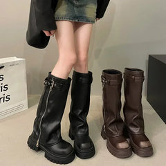 Biker Boots Belt Buckle Ladies Elegant Platform Long Pipe Booties Casual Knee High Booties