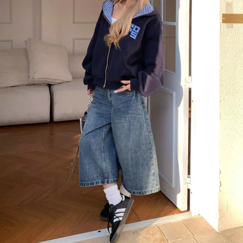 American retro plaid pocket wide-leg short jeans