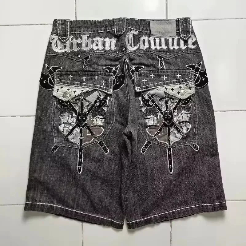 Y2K Denim Shorts Patch Vintage Shorts Street Hip Hop Harajuku Punk Loose High Waist Wide Leg Pants