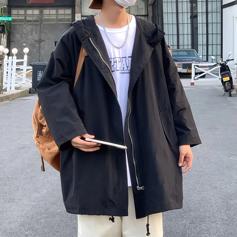 jacker Loose Fit Casual Hooded Jacket Outdoor Coat Mid-length jacket man