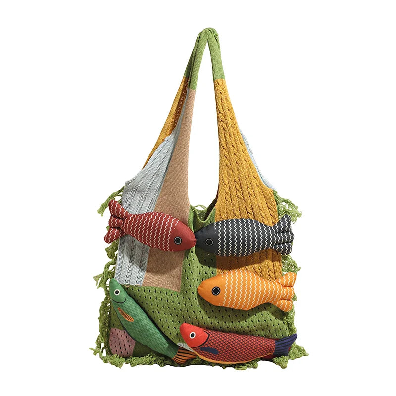 Cute Little Fish Relaxed Knitted Bag Commuter Versatile Shoulder Bag Contrasting Cut Out Tote Bag