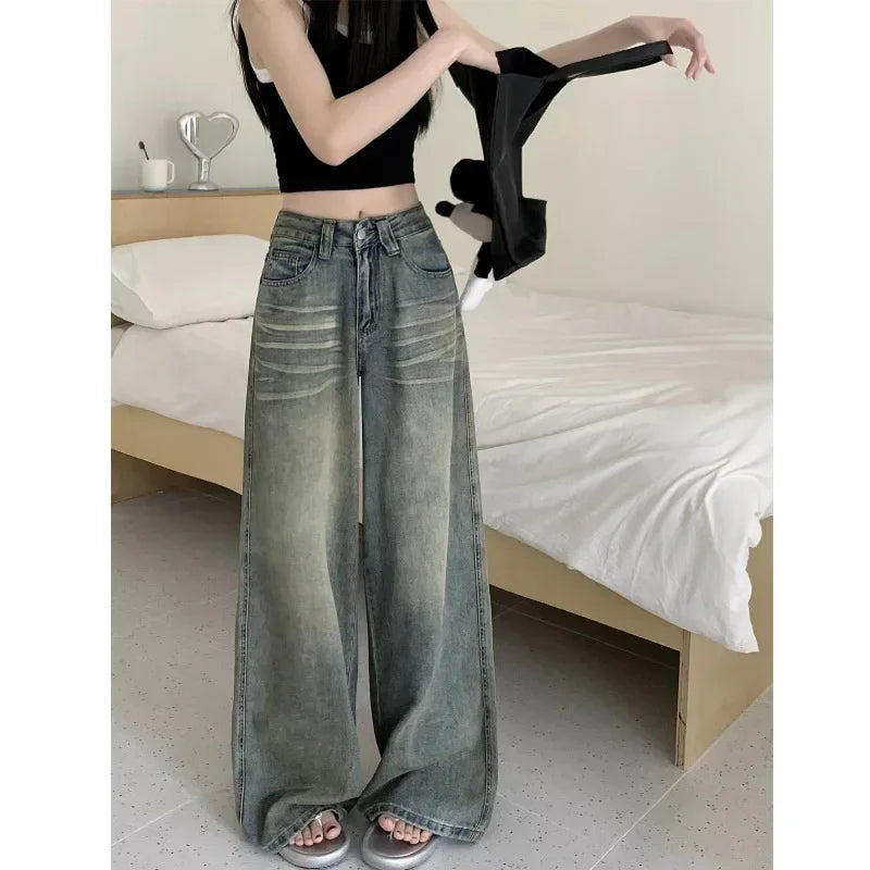 Vintage Wide-Leg Jeans Loose-Fit High-Waisted Slimming Casual Straight-Leg Long Pants Trendy On The Ground