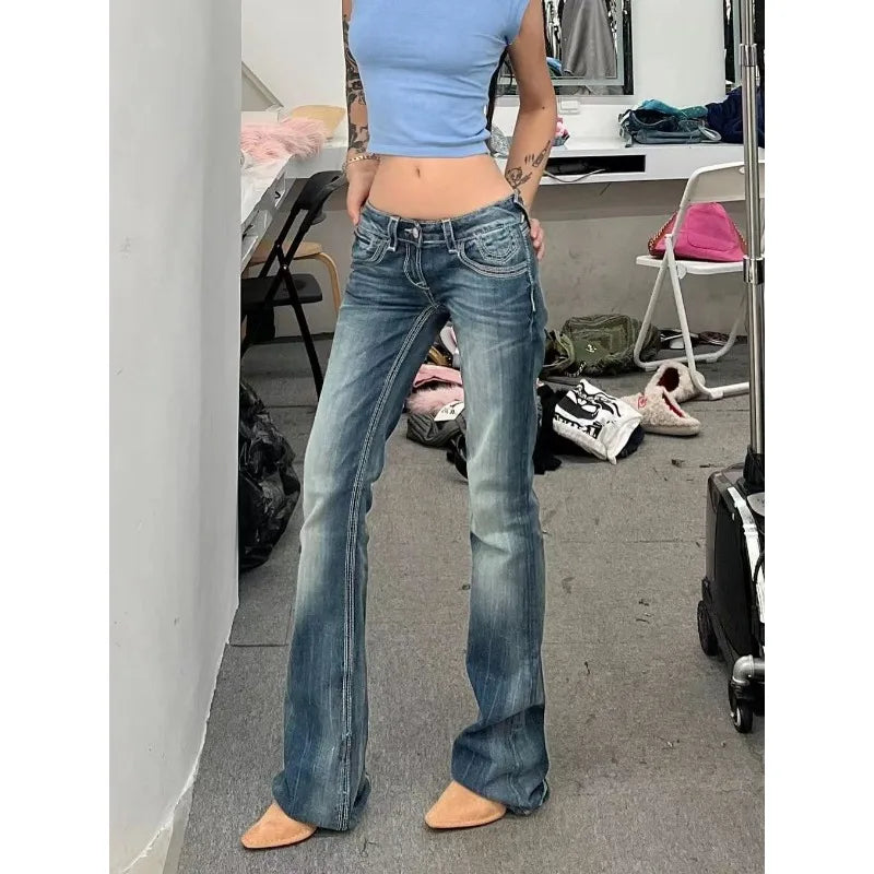 Gyaru Japanese Harajuku Trashy Y2K Jeans Low Rise Flare Denim Pants 2000s Bell-Bottom Long Trousers Kpop Vintage Slim Hot
